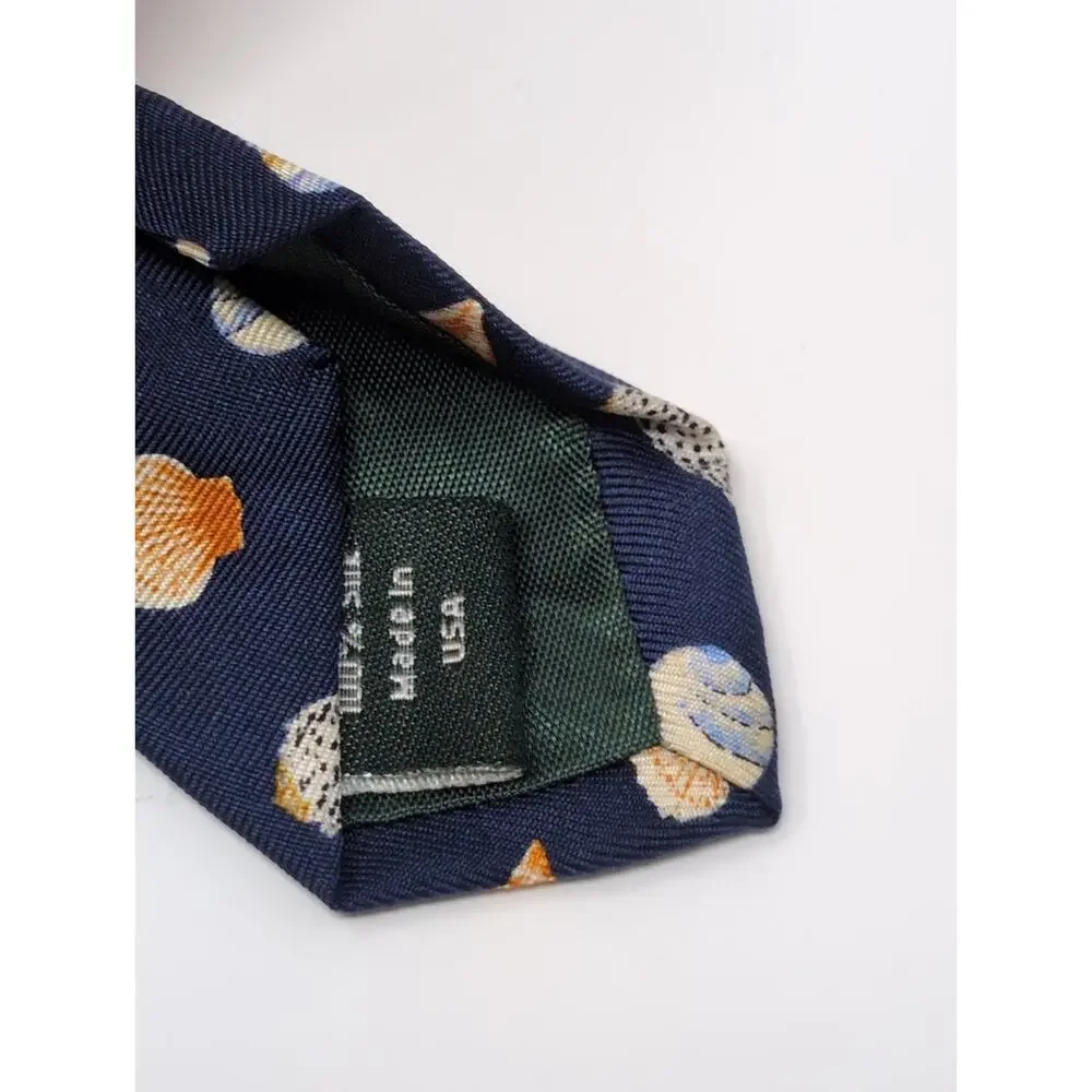 J. Crew Navy Blue Sea Shell Printed 100% Silk Neck Tie Made in USA Beach Coastal